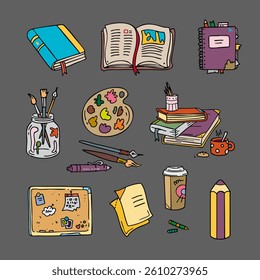 School supplies set. Book, paints, pen, pencil, brushes, notes. Vector illustration for school and study. Cute and funny.