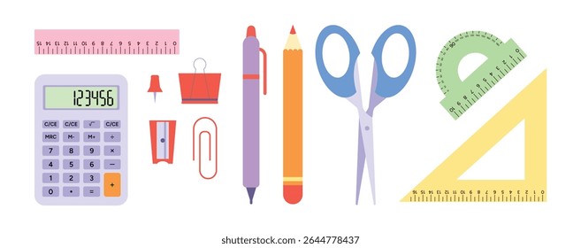 School Supplies Set. Calculator, Pen, Pencil, Push Pin, Clip, Sharpener, Scissors, Rulers, Triangle and Protractor. Isolated Objects. Flat Vector Illustration Design