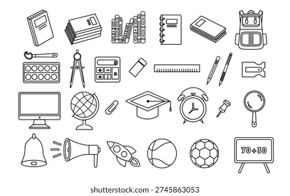 School supplies set collection. Education vector icons. School attributes icon set. School pack set collection. Set of school supplies doodle.