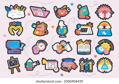 School supplies set. Color stickers with backpack, books, gadgets and notebooks. Education, college concept. Funny badges in retro style. Cartoon flat vector collection isolated on white background