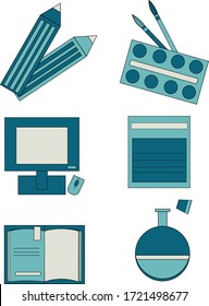 conjunto de materiales escolares, ilustración vectorial de color, iconos de trazo
 , monitor, pinturas, cepillos, matraz, cuaderno, libro, lápices