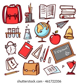 School supplies, set of colored vector doodles.