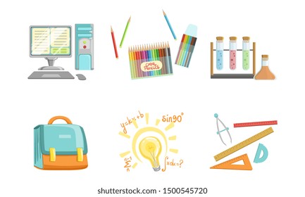 School Supplies Set, Computer, Crayons, Test Tubes, Ruler, Compass Tool, Triangle, Protractor, Briefcase, Back to School Concept Vector Illustration