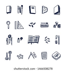 School supplies set. Doodle black outline icons. Vector illustration 
