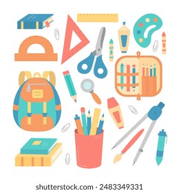 School Supplies Set. Elementary Primary School Design Elements Set. Pencil Case, Backpack, Scissors, Pen, Brush, Books Set.