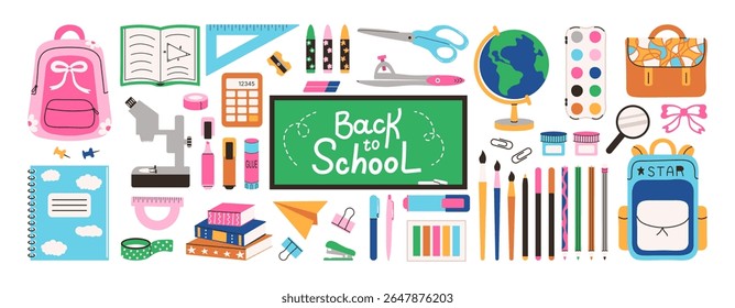 School Supplies set elements in flat style. Welcome Back to school cute hand drawn decoration for poster banner sale card. Stationery goods for study. Backpack, microscope, blackboard, pens, notebook