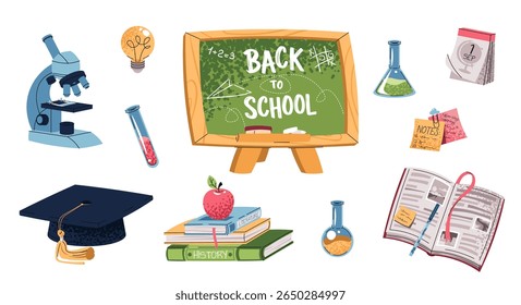 School Supplies Set in Flat Design. Chalkboard, Textbooks, Microscope, Graduation Cap. Education set for Science Projects, Graduation Themes. Ideal for University Branding, Educational Content