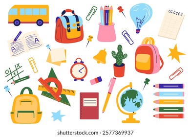 School supplies set in flat graphic design. Collection elements of yellow bus, schoolbag, note, light bulb, notebook, sticker, rulers, pencil, pen, cactus, globe, crayons, other. Vector illustration.