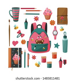 School supplies set for girl.Goods for creativity and study. Vector illustration.