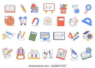 School supplies set graphic elements in flat design. Bundle of book, pencil, chalkboard, flask, magnifying glass, dna, clock, magnet, atom, notebook and other. Vector illustration isolated objects