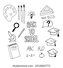 school supplies set hand drawn in doodle style.