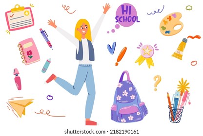 School supplies set. Hello school lettering. Little cute girl is going to study. Children's subjects. Vector illustration in a flat style on a white background. All objects are isolated