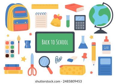 school supplies set of items, education design elements, stickers, back to school, backpack, schoolbag, ruler, chalkboard, palette, textbook, scissors, calculator, globe, bell, notepad, pencil, pin