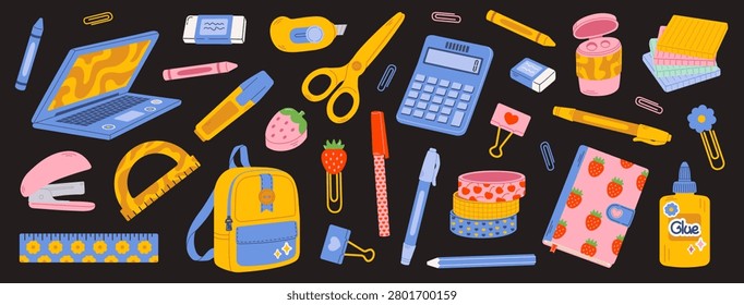 School supplies set with laptop, backpack, calculator, scissors, stapler, ruler, glue, pencils, pens, erasers, paper clips, notebooks, tape rolls, flower clip and sticky notes on the black background