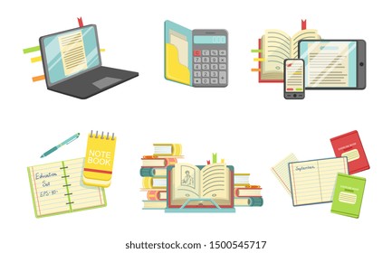 School Supplies Set, Laptop Computer, Copybook, Textbooks, Calculator, Smartphone, Tablet Pc, Back to School Concept Vector Illustration