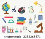 School supplies set. Necessary accessories for the pupil, the schoolboy, the student. flat illustration