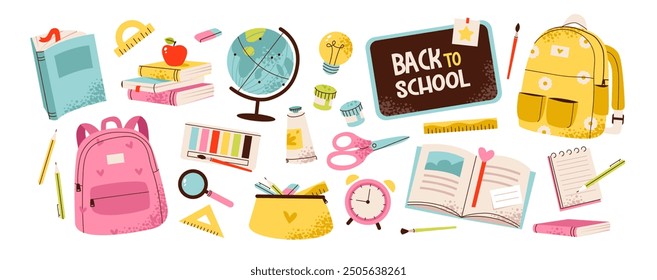 School supplies set. School and office set with books, pens and backpack and various stationery items. Flat vector illustration.