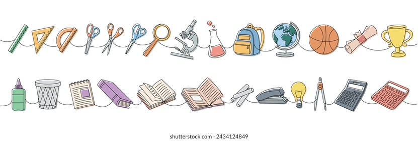 School supplies set one line colored continuous drawing. Notebook, microscope, test tube, pencil, schoolbag, globe, scissors, ruler scale, calculator