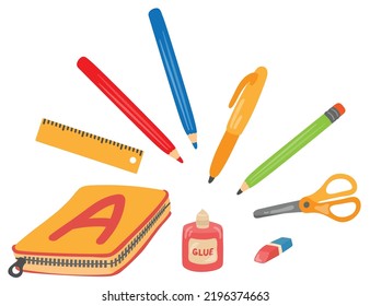 Equipo de material escolar. Estuche de lápiz, regla, lápices de colores, pluma, lápiz simple, tijeras, borrador, pegamento. Ilustración vectorial dibujada a mano. Adecuado para sitios web, postales, stickers.
