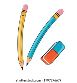 Schulbedarf.  Stifte und Radiergummi. Flache Vektorgrafik. Einziger weißer Hintergrund.