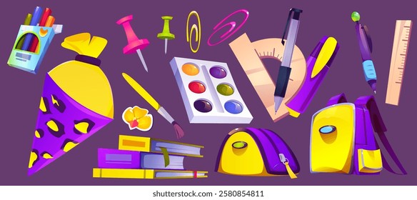 School supplies set with purple and yellow cone, stationery items and backpack. Educational tools - markers and paintbrush, pins and paperclips, pens and rulers, books and case. Student equipment.