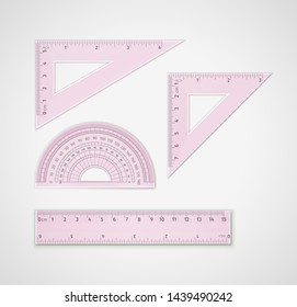 School supplies. Set of realistic pink plastic transparent measuring tool: triangular ruler, equilateral triangle ruler - for drawing lines, especially at 90, 45, 60, or 30 degrees, ruler, protractor