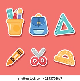 school supplies set six icons