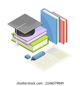School supplies set. Stack of books, notebook, marker, graduation cap isometric vector illustration