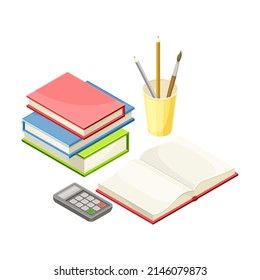 School supplies set. Stack of books, notebook, pencil, calculator isometric vector illustration