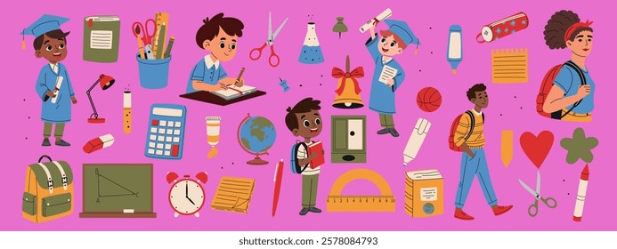 School supplies set. Student, backpack, alarm clock, button, marker, lamp, calculator, eraser, globe, ball, bell. Hand drawn illustration