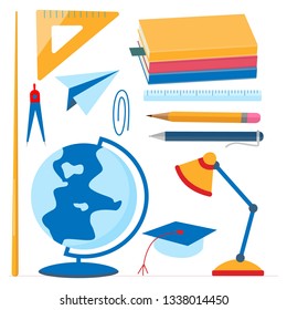 School supplies set. Textbooks, globe, pointer, compass, pen, pencil, ruler. Flat design vector illustration