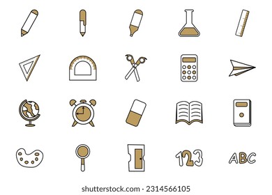 School supplies set in two tone. ruler, calculator, globe, books, soccer ball, notebooks, pen, pencils, paints, backpack, etc.