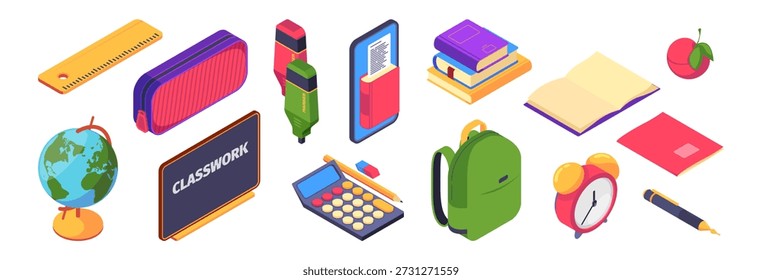 Material escolar definido. Maçã vetor, globo e lápis caso, régua e marcador, quadro-negro e calculadora, lápis e borracha, leitor digital e pilha de livros, mochila e despertador, caneta e caderno aberto