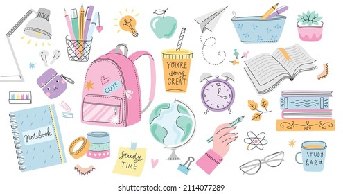 School supplies set. Vector backpack and stationery vector collection