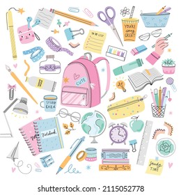 School supplies set. Vector cute backpack and stationery vector collection