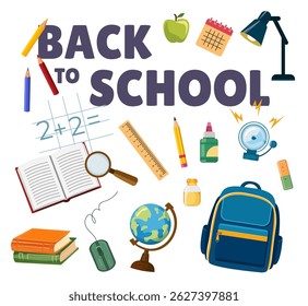 School supplies set. Vector design with school items, education stickers. Back to school, college, study concept. Isolated