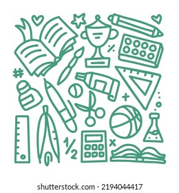 Schulbedarf. Vektordoodle-Illustration des Bildungsthemas.