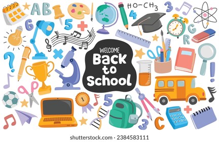 School supplies set Vector flat illustration in hand drawn style. Back to school.