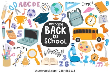 School supplies set Vector flat illustration in hand drawn style. Back to school.