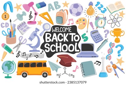 School supplies set Vector flat illustration in hand drawn style. Back to school.