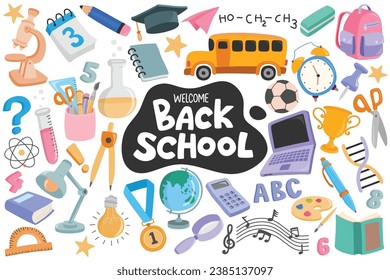 School supplies set Vector flat illustration in hand drawn style. Back to school.