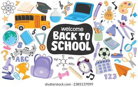 School supplies set Vector flat illustration in hand drawn style. Back to school.