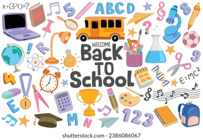 School supplies set Vector flat illustration in hand drawn style. Back to school.