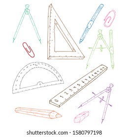 Equipo de material escolar. Conjunto de ilustraciones vectoriales de reglas, brújulas, lápices, clips de papel. Videoclips de papel de oficina dibujados a mano, lápices, reglas.