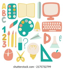 School supplies set vector illustration. Back to school with stationery. Hand drawn schoolchild items. Clipart book, scissors, ruler, computer, pen, pencil, paint and more