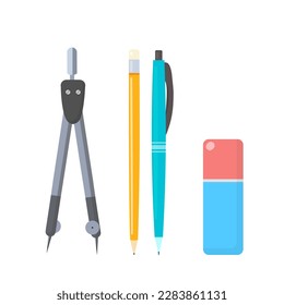 School supplies set vector illustration. Cartoon isolated office stationery collection with plastic biro pen, compass divider, yellow wooden pencil and eraser, accessories and equipment to study