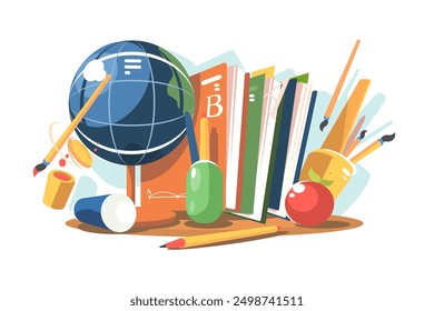 School Supplies Set. Vector illustration showing various educational tools like globe, books, pencils.