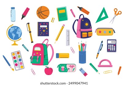 School supplies set, vector illustration. Education stickers collection. Welcome back to school concept. 