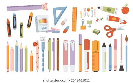 School supplies set. Vector illustration for study, school, university. Back to school, collection of school stationery.