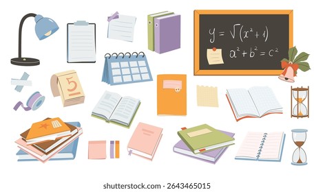 School supplies set. Vector illustration for study, school, university. Back to school, collection of school stationery.